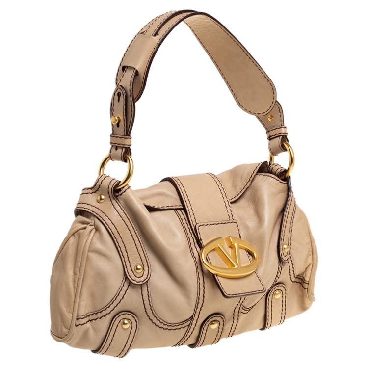 Pre Owned Valentino Beige Leather VRing Flap Hobo
