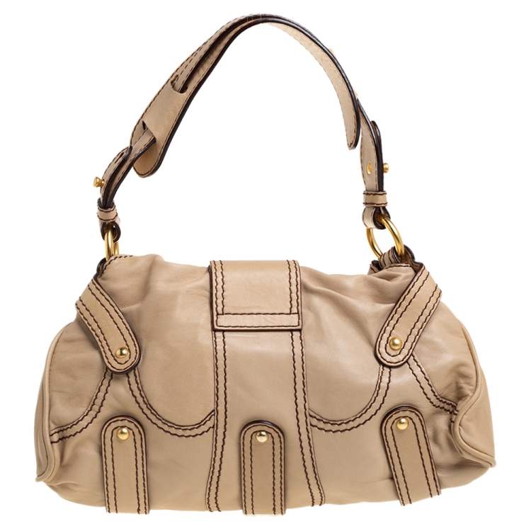 Pre Owned Valentino Beige Leather VRing Flap Hobo