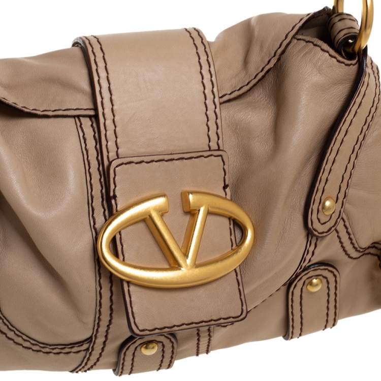 Pre Owned Valentino Beige Leather VRing Flap Hobo