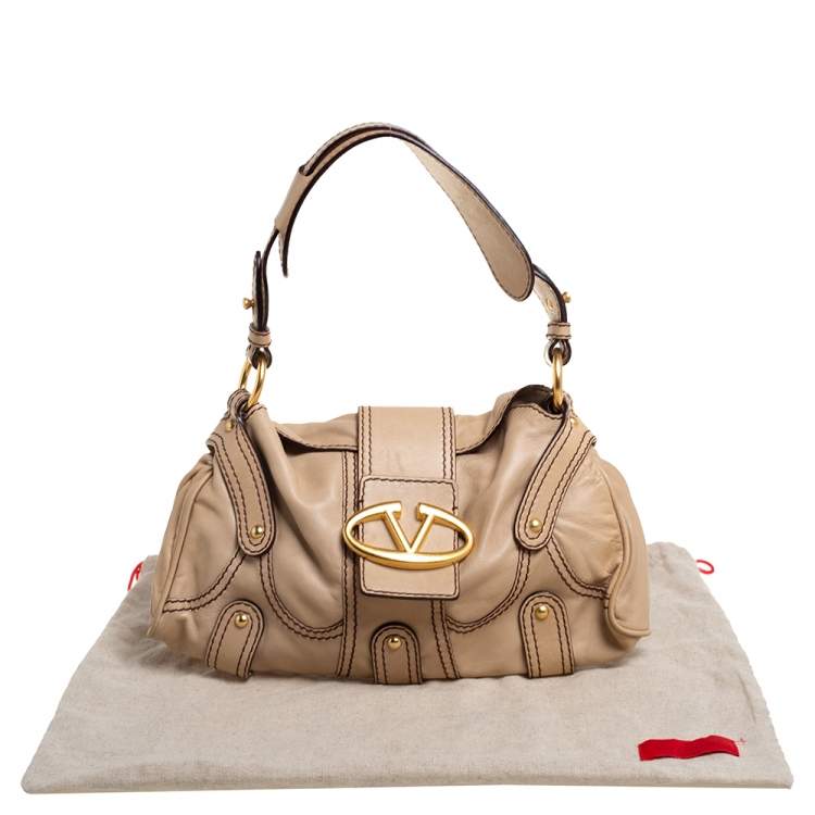 Pre Owned Valentino Beige Leather VRing Flap Hobo