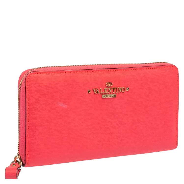 Pre Owned Valentino Neon Pink Leather Logo Zip Around Wallet