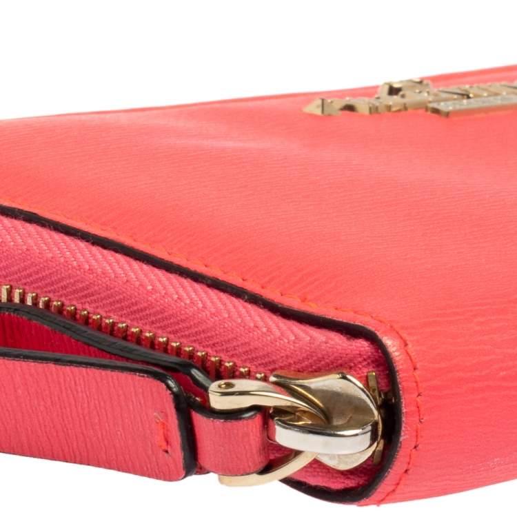 Pre Owned Valentino Neon Pink Leather Logo Zip Around Wallet