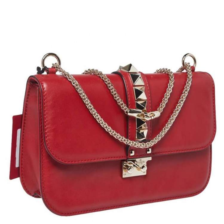 Pre Owned Valentino Red Leather Medium Rockstud Glam Lock Flap Bag
