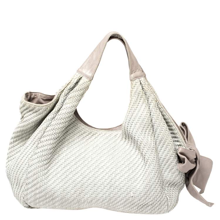 Pre Owned Valentino Grey Woven Raffia and Leather Bow Hobo
