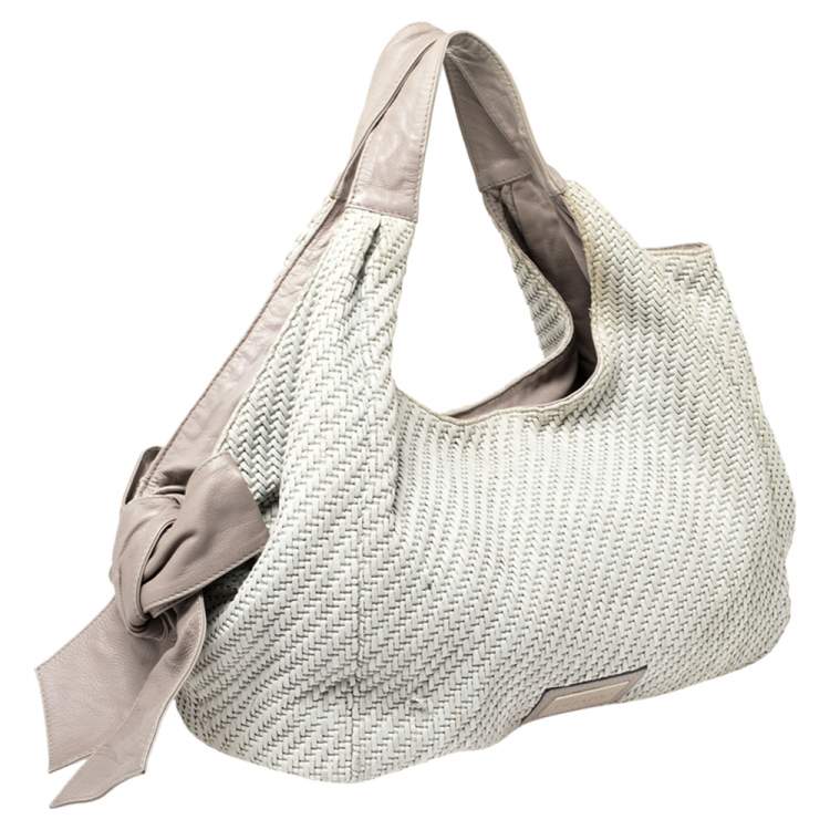 Pre Owned Valentino Grey Woven Raffia and Leather Bow Hobo