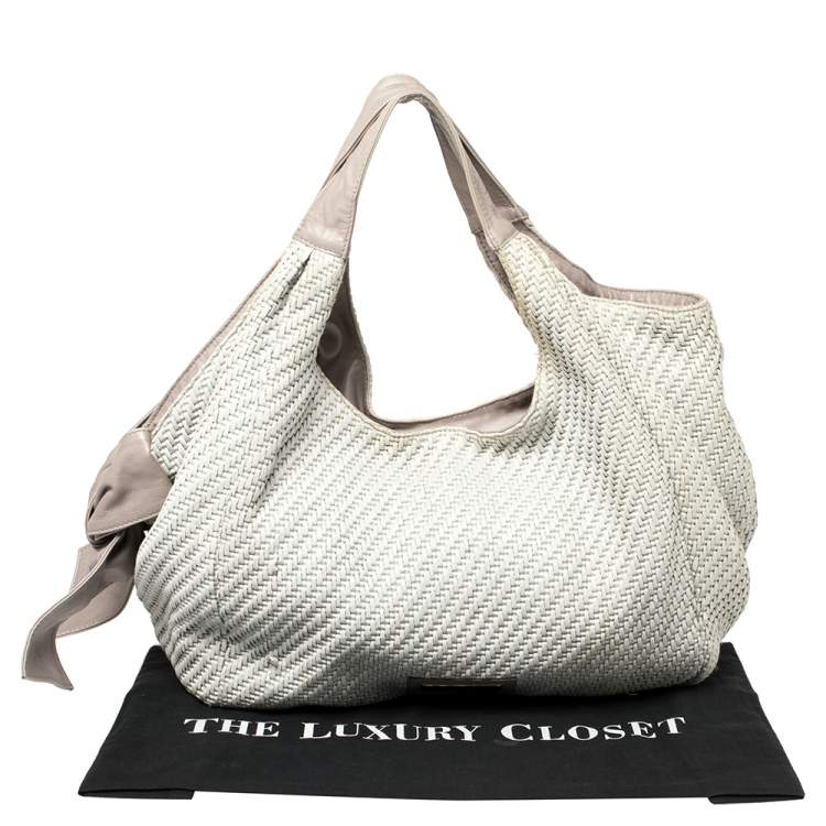 Pre Owned Valentino Grey Woven Raffia and Leather Bow Hobo