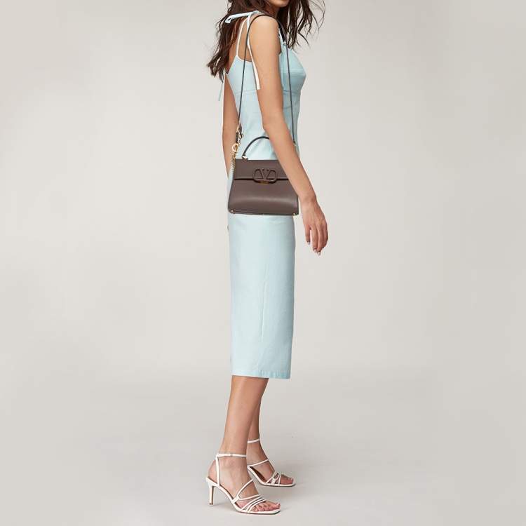 Pre Owned Valentino Dark Beige Leather Small VSLING Top Handle Bag