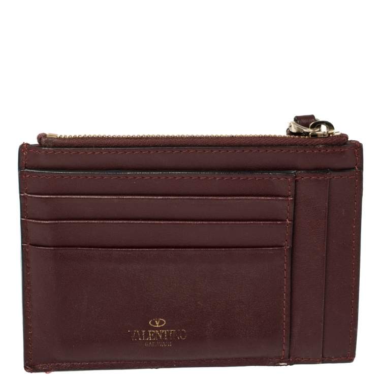 Pre Owned Valentino Burgundy Leather Rockstud Card Holder