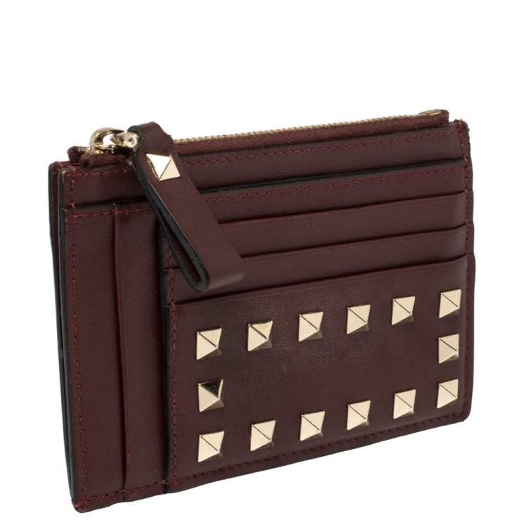 Pre Owned Valentino Burgundy Leather Rockstud Card Holder