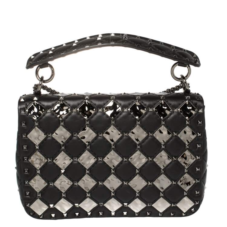مملوكة مسبقًا Valentino Black Metal Rhombus Leather Medium Rockstud Spike.It Chain Shoulder Bag