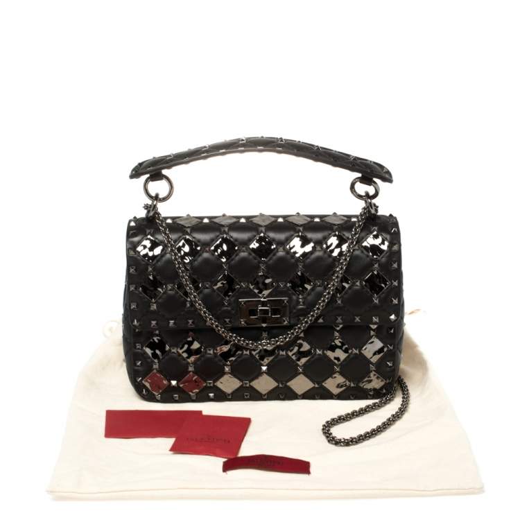 مملوكة مسبقًا Valentino Black Metal Rhombus Leather Medium Rockstud Spike.It Chain Shoulder Bag