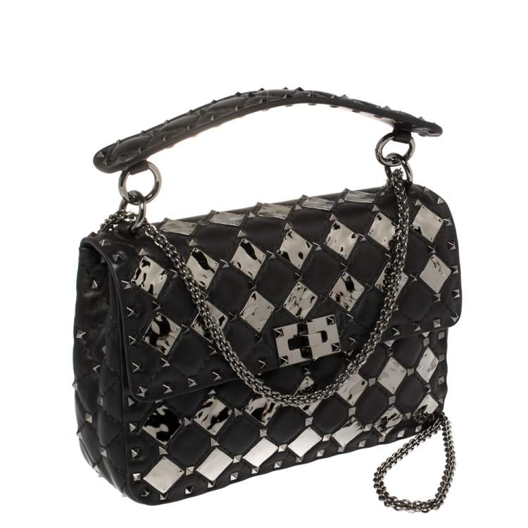 مملوكة مسبقًا Valentino Black Metal Rhombus Leather Medium Rockstud Spike.It Chain Shoulder Bag
