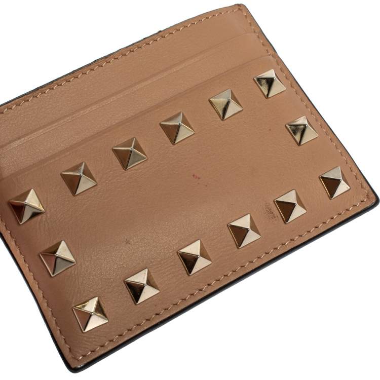 Pre Owned Valentino Beige Leather Rockstud Card Holder