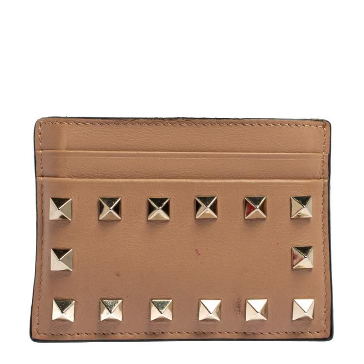 Pre Owned Valentino Beige Leather Rockstud Card Holder