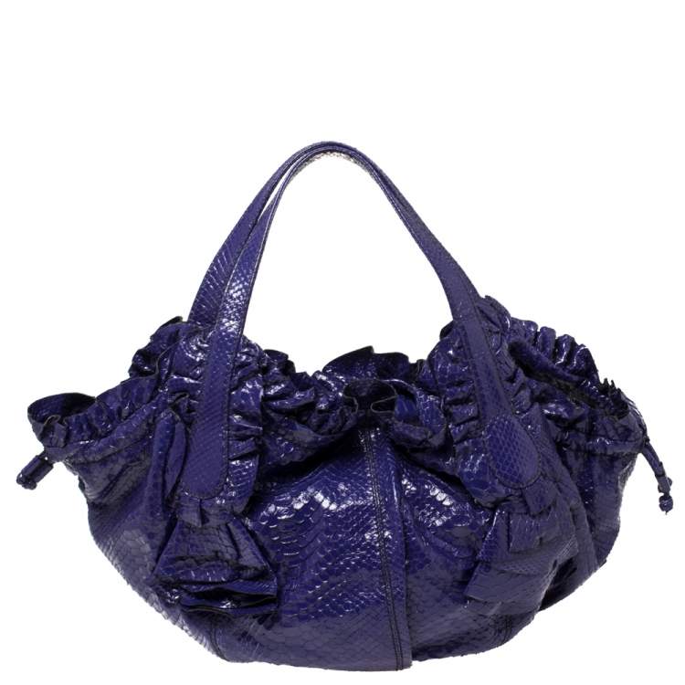 Pre Owned Valentino Purple Python Ruffle Drawstring Hobo