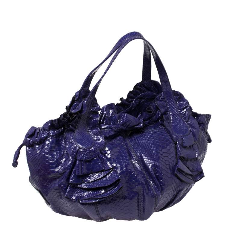 Pre Owned Valentino Purple Python Ruffle Drawstring Hobo