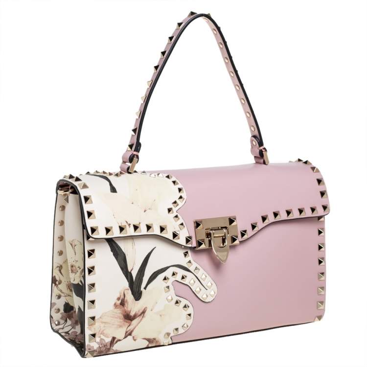Pre Owned Valentino Pink Leather Rockstud Kimono 1997 Top Handle Bag