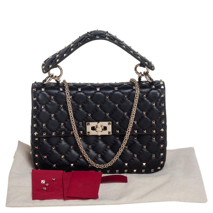 Pre Owned Valentino Black Leather Medium Rockstud Spike Top Handle Bag