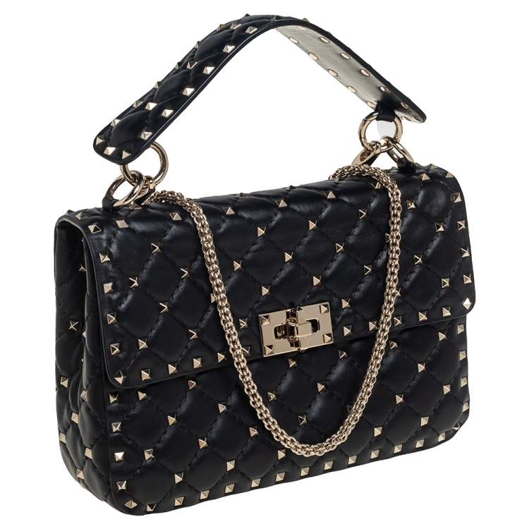 Pre Owned Valentino Black Leather Medium Rockstud Spike Top Handle Bag