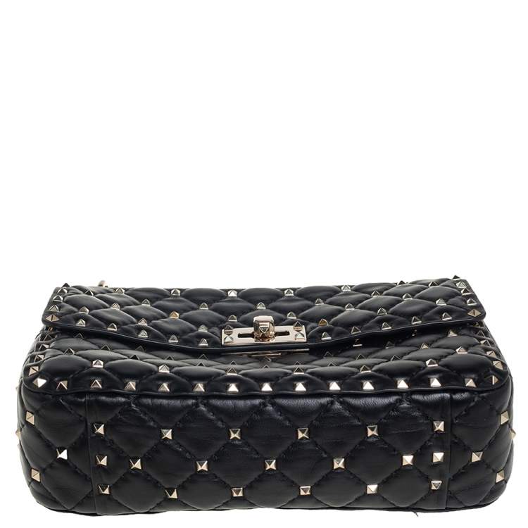 Pre Owned Valentino Black Leather Medium Rockstud Spike Top Handle Bag