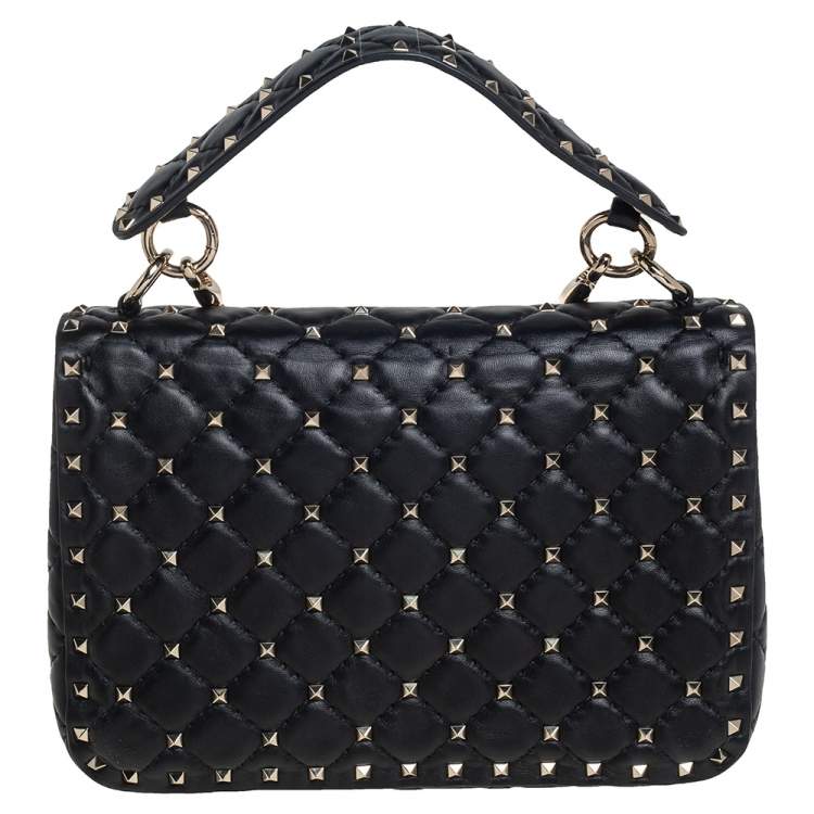 Pre Owned Valentino Black Leather Medium Rockstud Spike Top Handle Bag