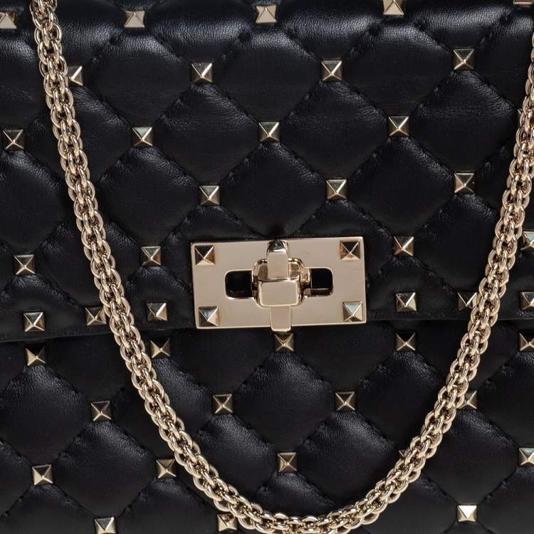 Pre Owned Valentino Black Leather Medium Rockstud Spike Top Handle Bag