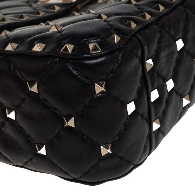Pre Owned Valentino Black Leather Medium Rockstud Spike Top Handle Bag