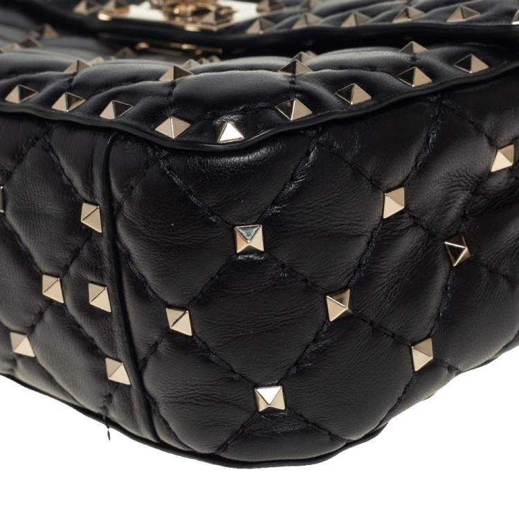 Pre Owned Valentino Black Leather Medium Rockstud Spike Top Handle Bag