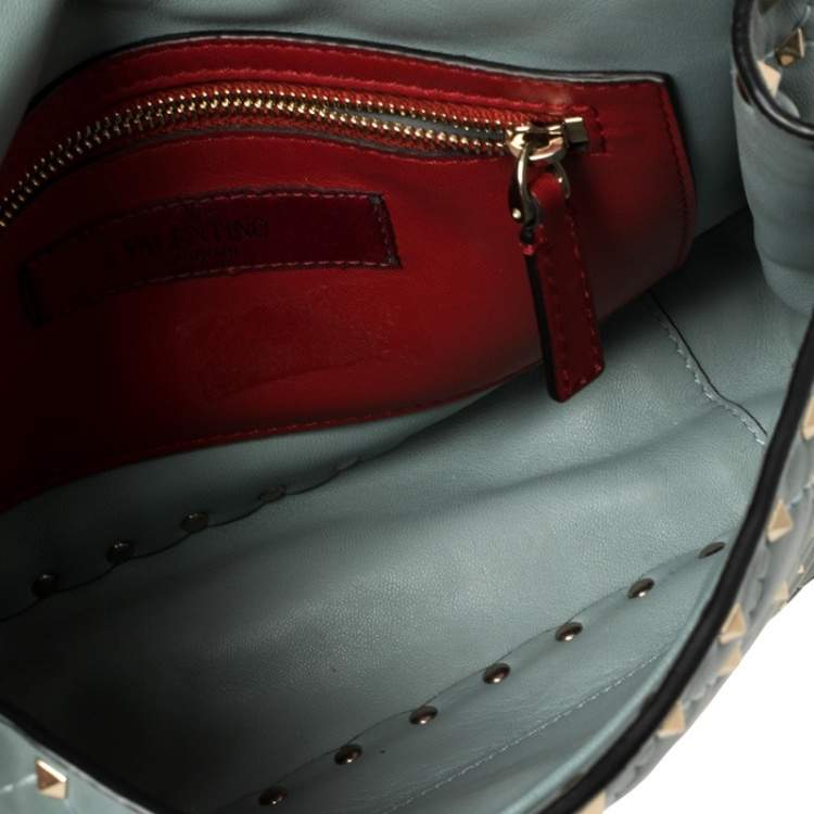 Pre Owned Valentino Blue Leather Medium Rockstud Spike Top Handle Bag