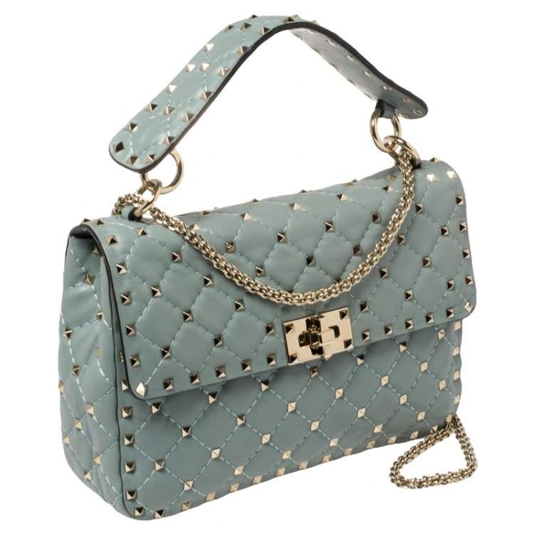 Pre Owned Valentino Blue Leather Medium Rockstud Spike Top Handle Bag