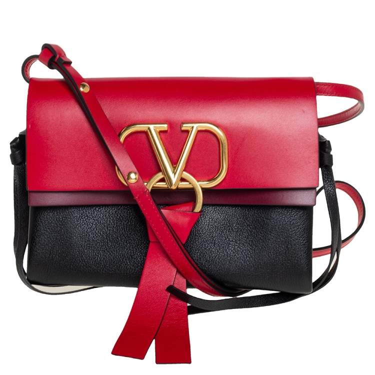Valentino Women's Shoulder Bag V-Ring Black/Red Leather For Sale