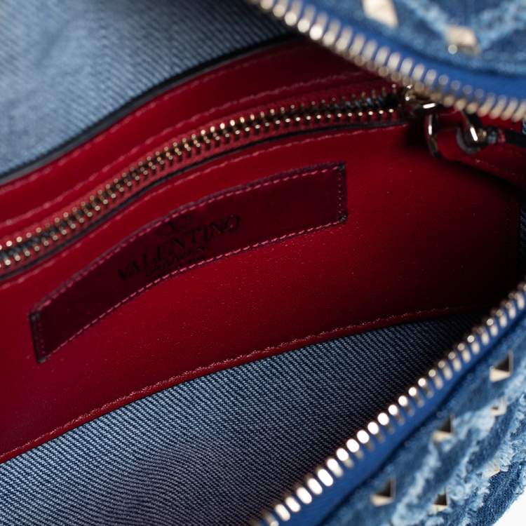 Pre Owned Valentino Blue Quilted Denim Rockstud Spike Belt Bag