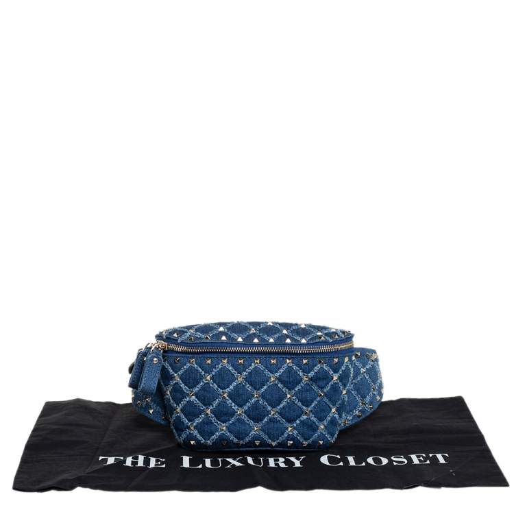 Pre Owned Valentino Blue Quilted Denim Rockstud Spike Belt Bag