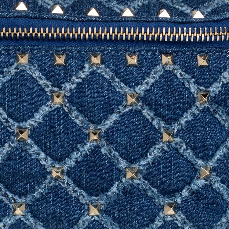 Pre Owned Valentino Blue Quilted Denim Rockstud Spike Belt Bag