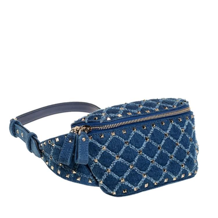 Pre Owned Valentino Blue Quilted Denim Rockstud Spike Belt Bag