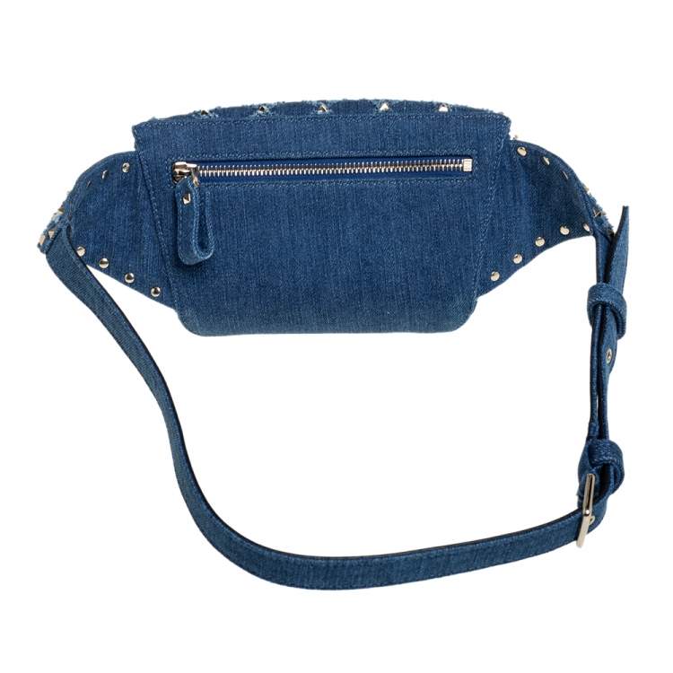 Pre Owned Valentino Blue Quilted Denim Rockstud Spike Belt Bag