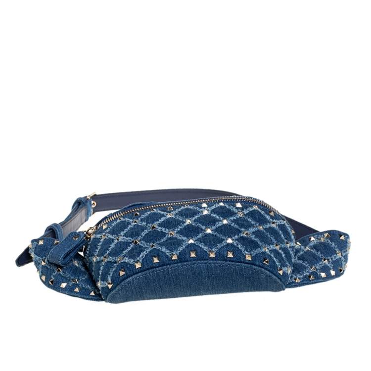 Pre Owned Valentino Blue Quilted Denim Rockstud Spike Belt Bag