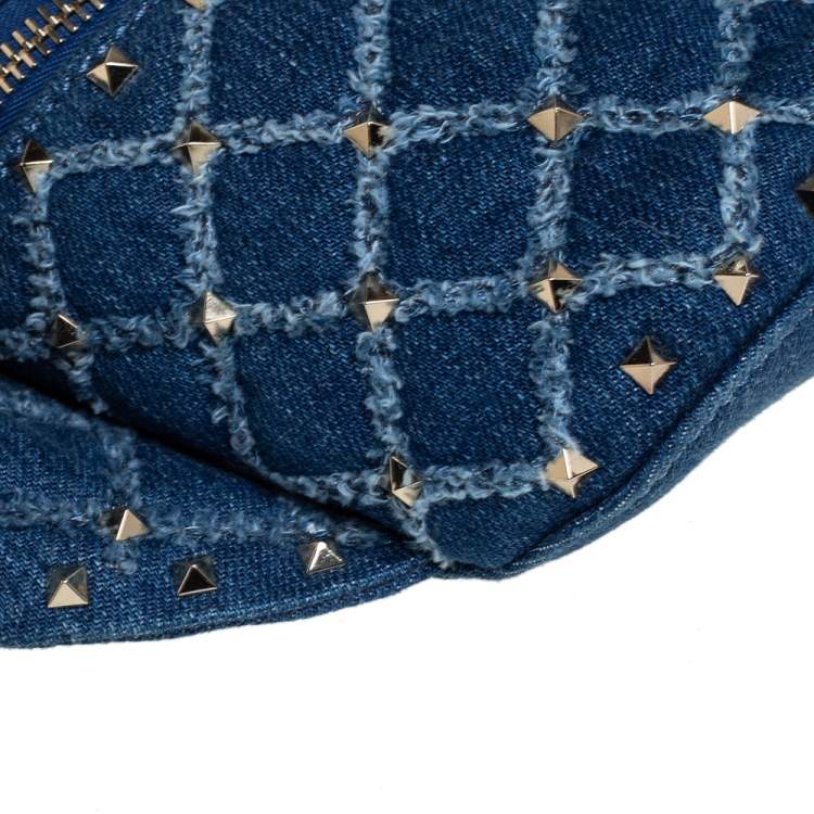 Pre Owned Valentino Blue Quilted Denim Rockstud Spike Belt Bag