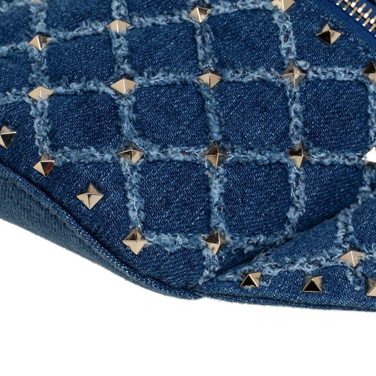 Pre Owned Valentino Blue Quilted Denim Rockstud Spike Belt Bag