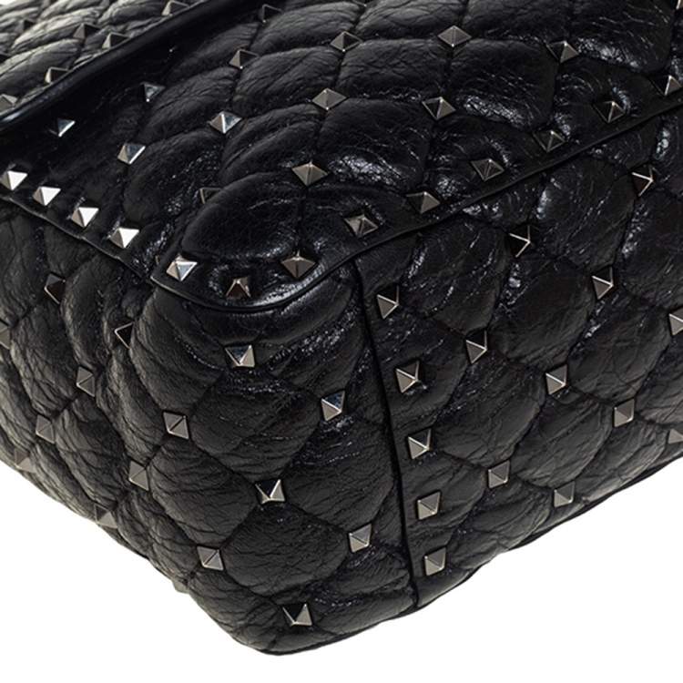 Pre Owned Valentino Black Leather Large Rockstud Spike Top Handle Bag