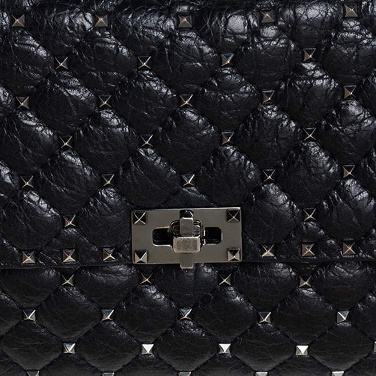 Pre Owned Valentino Black Leather Large Rockstud Spike Top Handle Bag
