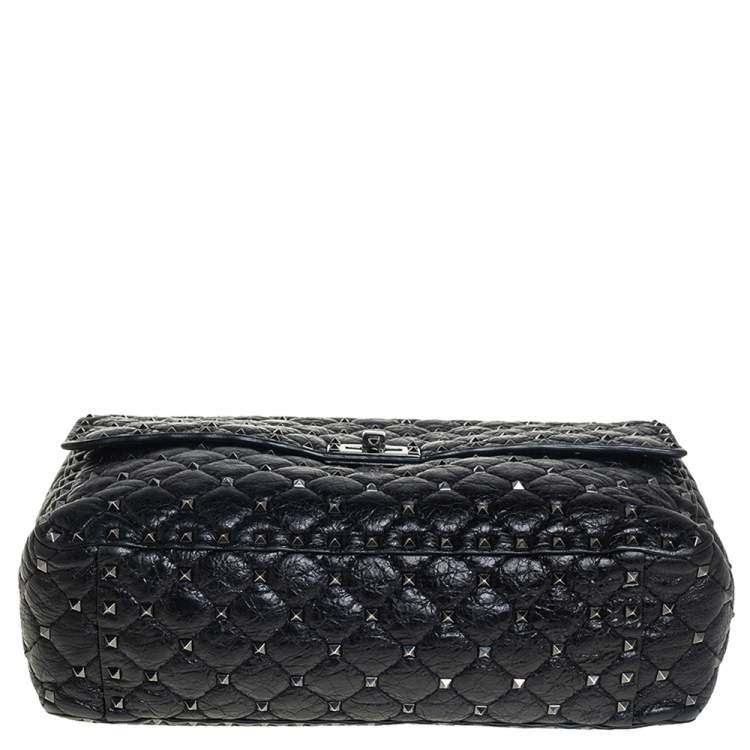 Pre Owned Valentino Black Leather Large Rockstud Spike Top Handle Bag