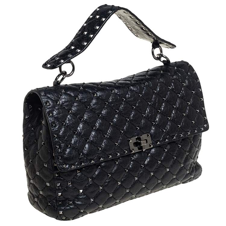 Pre Owned Valentino Black Leather Large Rockstud Spike Top Handle Bag