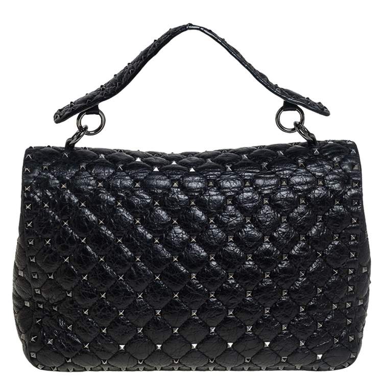 Pre Owned Valentino Black Leather Large Rockstud Spike Top Handle Bag