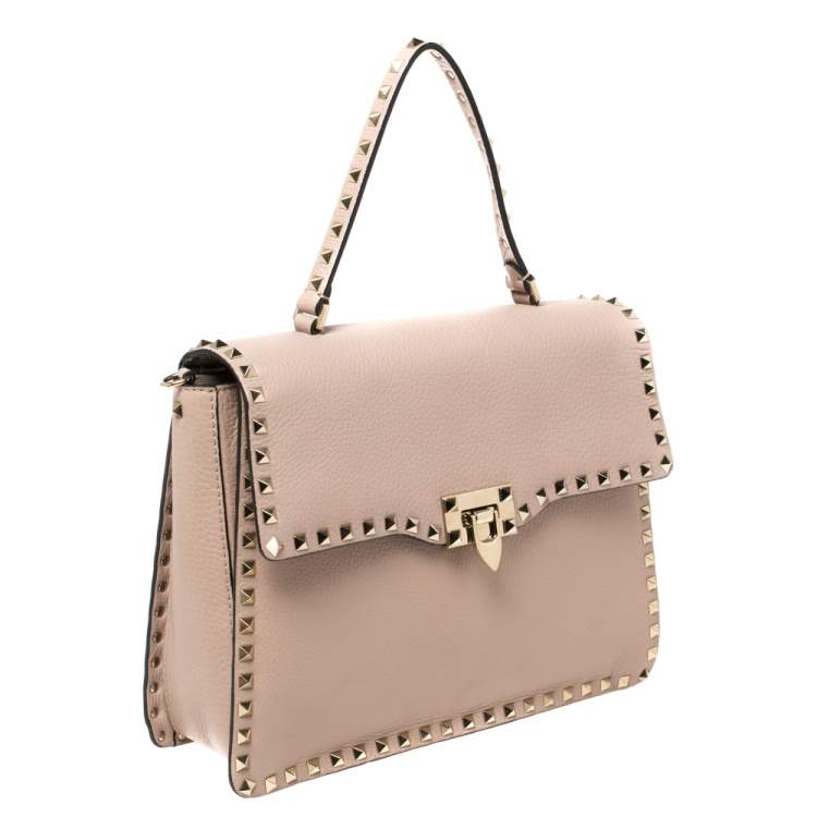 Pre Owned Valentino Beige Leather Rockstud Top Handle Bag
