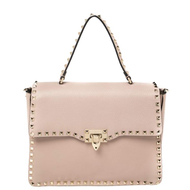 Pre Owned Valentino Beige Leather Rockstud Top Handle Bag