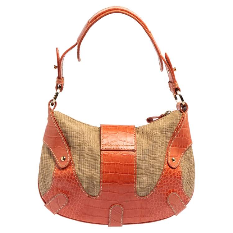 Pre Owned Valentino Beige/Orange Croc Embossed Leather and Straw Catch Hobo