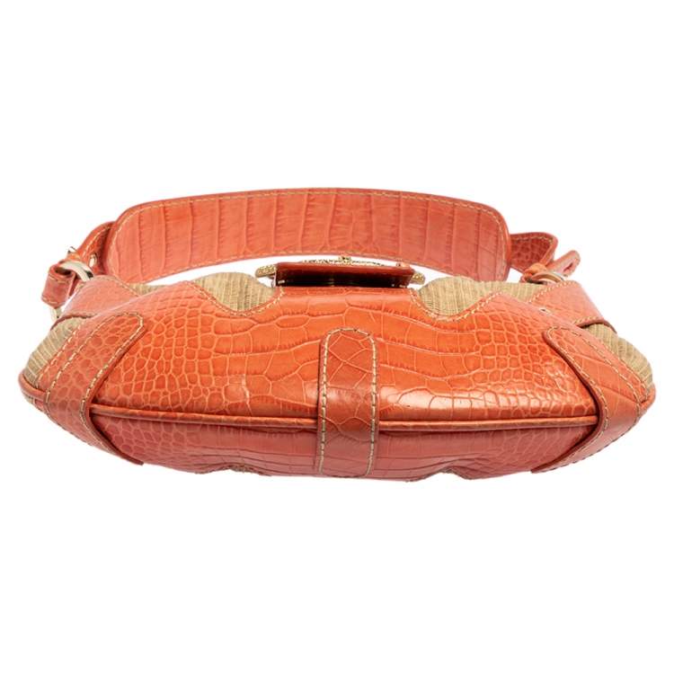 Pre Owned Valentino Beige/Orange Croc Embossed Leather and Straw Catch Hobo