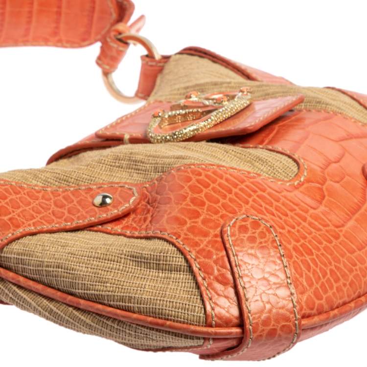 Pre Owned Valentino Beige/Orange Croc Embossed Leather and Straw Catch Hobo
