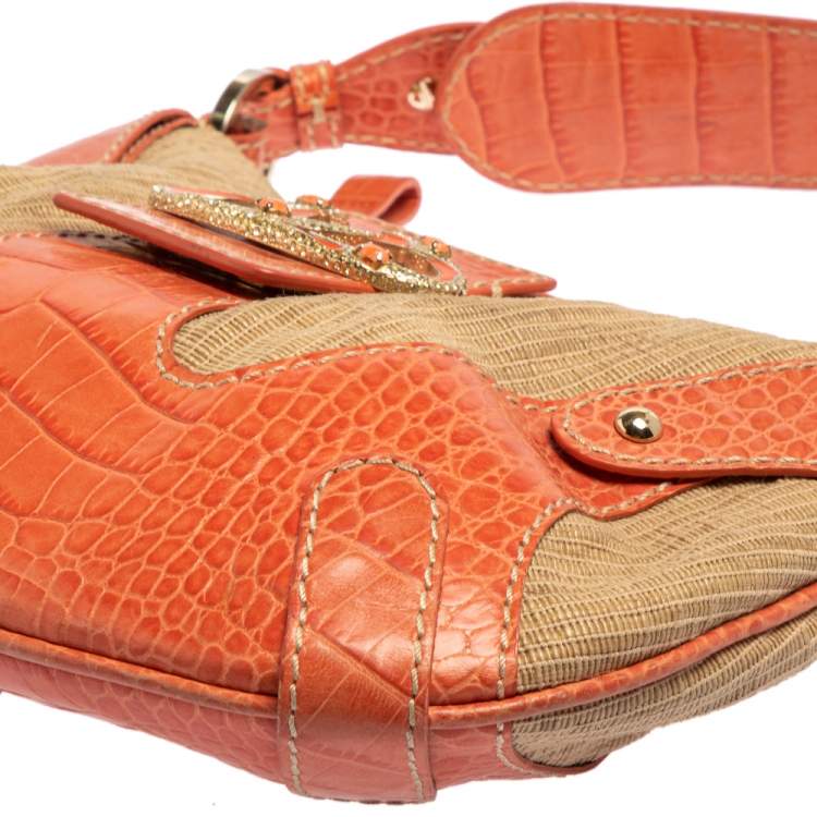 Pre Owned Valentino Beige/Orange Croc Embossed Leather and Straw Catch Hobo